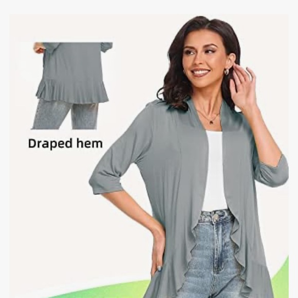 Women's Open Front Cardigan Jersey 3/4 Sleeves Dove Gray New With Tags Waterfall - Picture 5 of 16